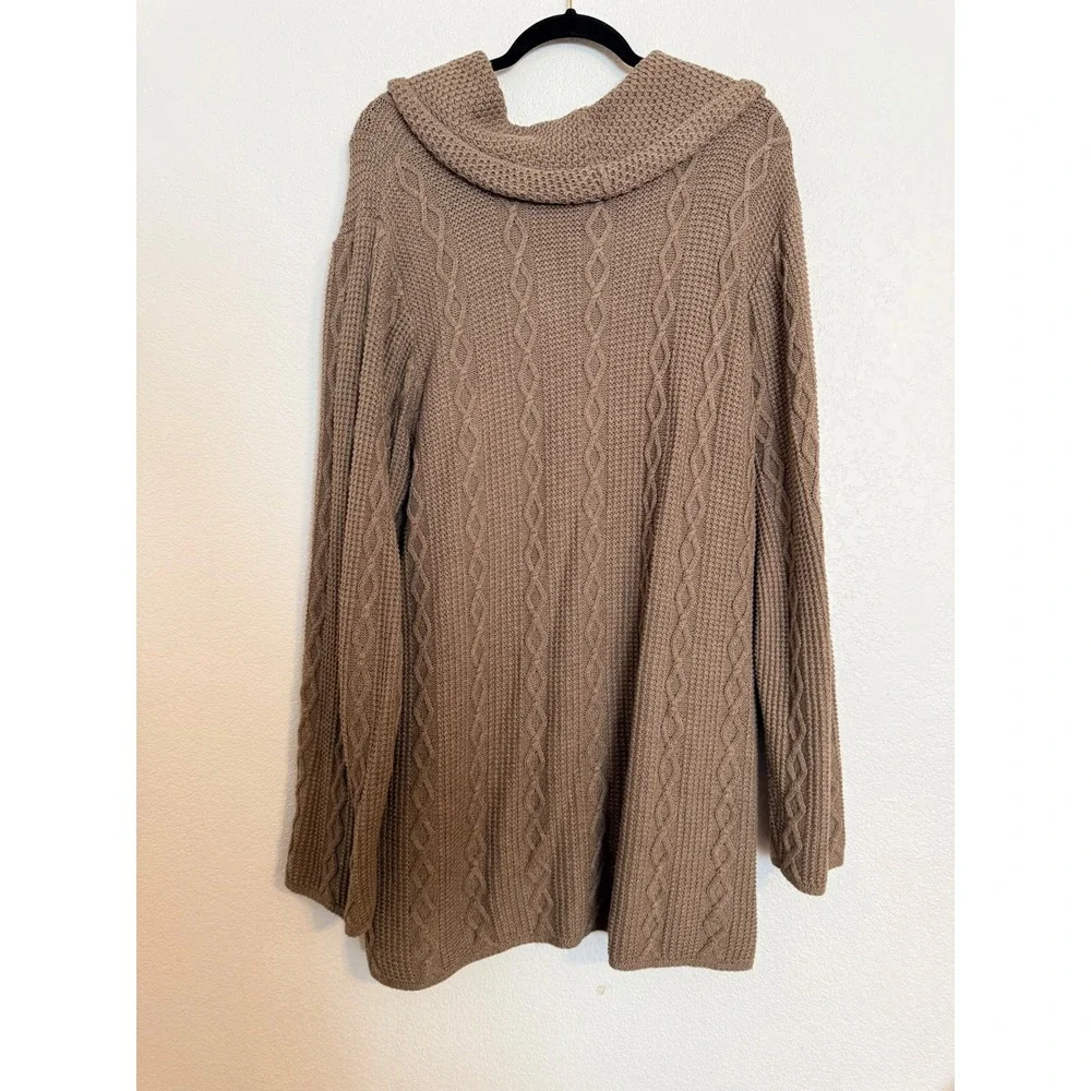 Jeanne Pierre Woman Taupe Brown 100% Cotton Cable Knit Cowl Neck Sweater 3X Plus